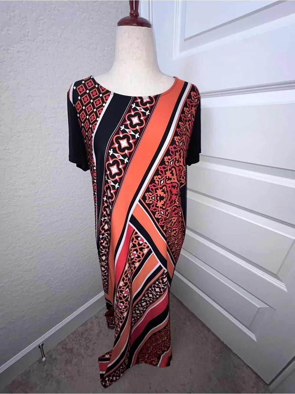 Bob Mackie Wearable Art Geometric Print Short Sleeve Tunic Maxi Dress